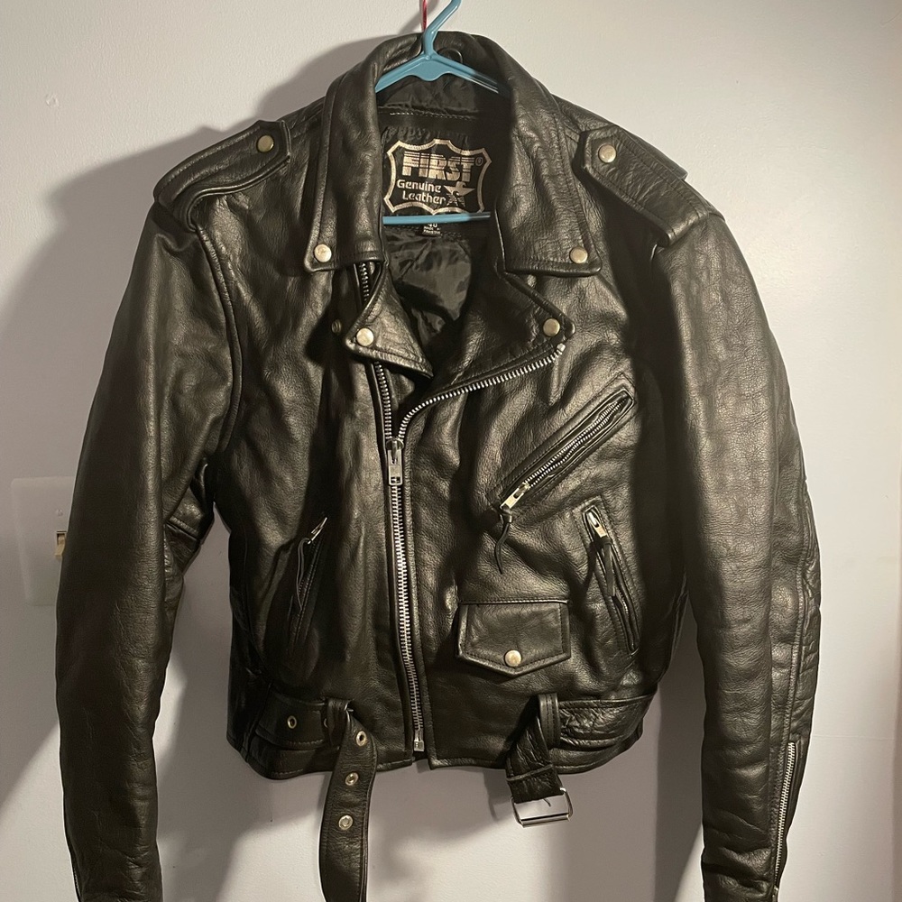 “First” genuine leather jacket. Great for motorcycle riding. Vintage